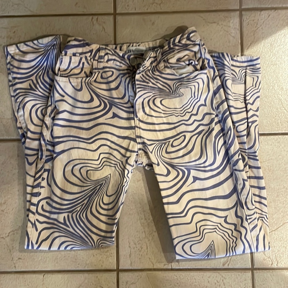 Zara flare jeans, funky print, purple and white